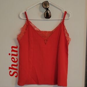 Shein Red Lace Trim V-Neck Cami Top w/Adjustable Spaghetti Straps -Small